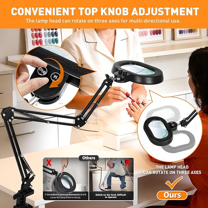 Ultra Long Arm Magnifying Glass with Light, Three-axis Rotation Infinite Color Dimmable 12X Magnifying Lamp, Large Lighted Magnifier Workbench Light for Close Work, Craft, Repair, Reading,Sewing