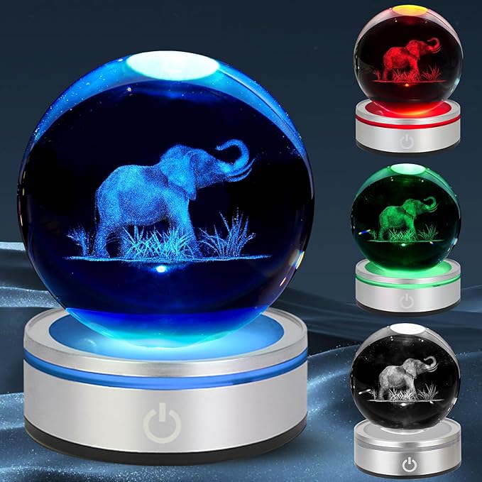 3D Crystal Ball Night Light - Elephant Gifts for Women, 3.15 In, Glass Lamp Home Decor for Birthday Christmas with LED Colorful Touch Base, Elephant Figurine Gifts for Her, Kids, Friends