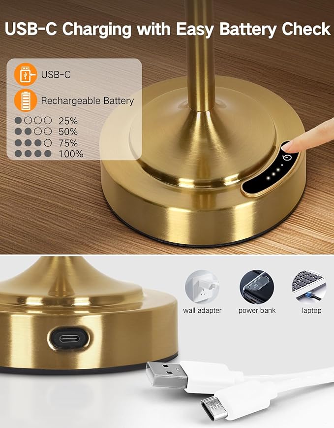 OUTON Cordless Table Lamp Rechargeable, Touch Dimmable LED Bedside Lamp with Fabric Shade, 3 Color Temperatures, USB-C Charging, Battery Display, Memory Function for Bedroom Living Room Patio, Gold