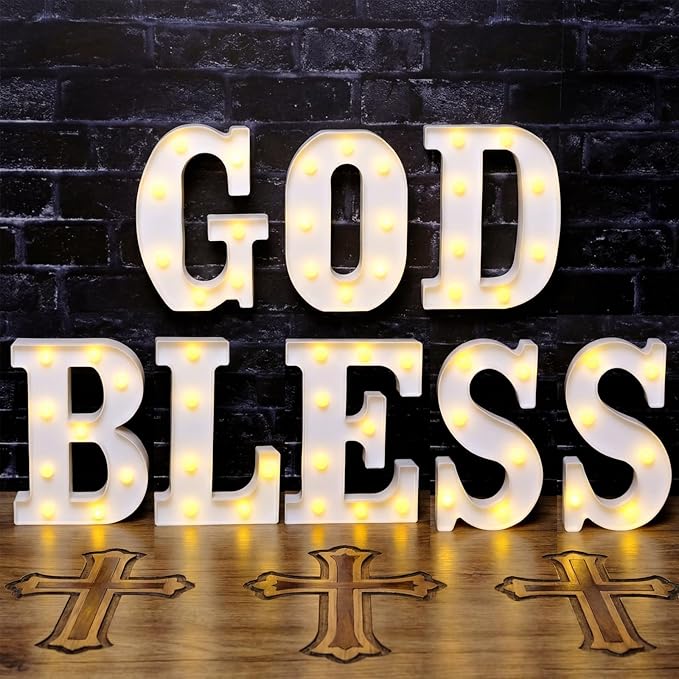 8 Pcs God Bless LED Letter Lights Sign God Bless Baptism Decorations Battery Powered Primera Comunion First Holy Communion Decorations for Baptism Party