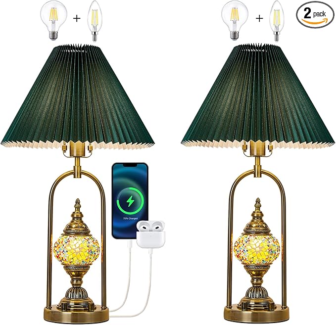 beaysyty Vintage Mosaic Table Lamp Set of 2, 25.2 Inch Decorative Bedside Lamps with Pleated Shade, USB Charging Ports, Colored Glass Globe Night Light, Bronze Gold Finish and Green lampshade