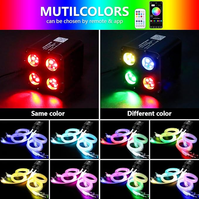 AMKI 4 Color 36W Twinkle Sound Mode RGBW 4 Ports Light Source Engine Driver Remote/APP Control Starlight Box Motor for Fiber Optic Star Ceiling Light Kit