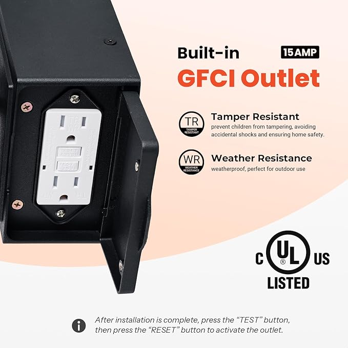Gleamz Dusk to Dawn Outdoor Porch Light with GFCI Outlet, Modern Black Exterior Lighting Fixtures Wall Mount for House, Anti-Rust Outdoor Wall Sconce Lantern for Garage Coach with Water-Ripple Glass