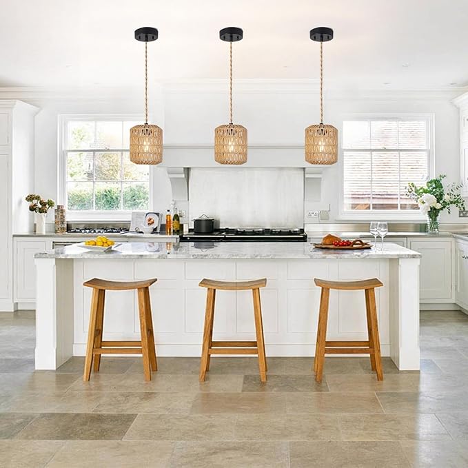 Boho Pendant Lights Kitchen Island Rattan Hanging Lamp with Hand Woven Wicker Small Chandelier Hanging Lights Fixture for Bedroom Kitchen Hallway Foyer 3 Packs