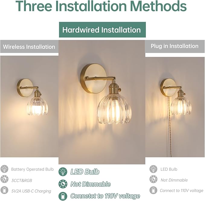 Vintage Wall Sconces Set of 2 with Cute Transparent Tulip Glass Lampshade 180 Degree Adjustable Brass Sconces Hradwired Modern Wall Lighting Fixture with Switch for Bedside Bedroom Doorway