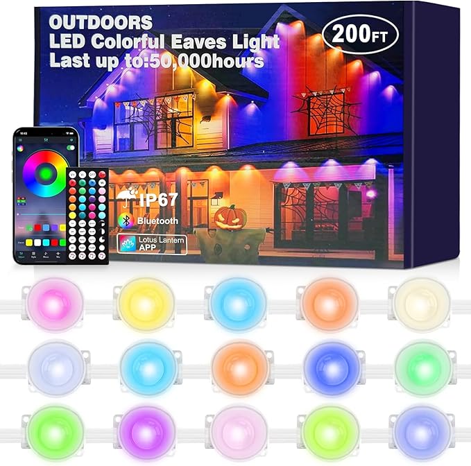 Permanent Outdoor Lights IP67 Waterproof Smart RGB,Music Sync,Timing Function,Remote Control for All Holiday Decor Decorations Light (200FT Permanent Outdoor Lights)