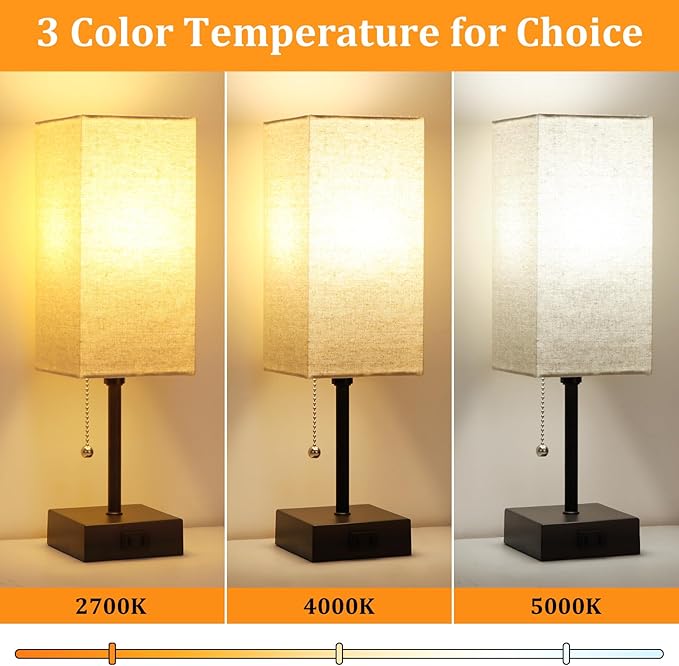 15'' Table Lamp for Bedroom set of 2,3-Color Bedside Lamps with Pull Chain Table Lamps for Night stands with AC Outlet,Small Night Light Lamps with 2 Bulbs Lamps for Living Room Kids Room Office Decor
