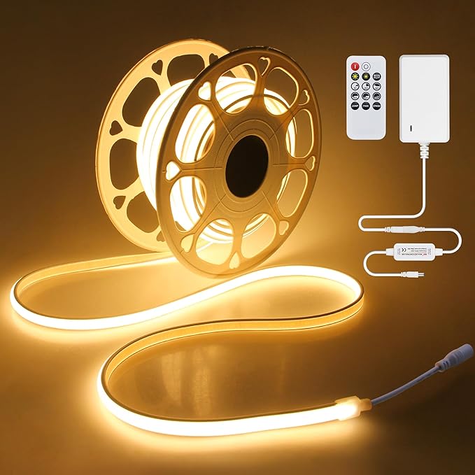 24V COB LED Strip Light Warm White 32.8FT Dimmable LED Tape Light with Dimmer 3000K High Density 320LEDs/M Waterproof LED Rope Light Cuttable Includes Adapter for Building Garden Rooftop 10M