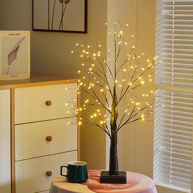 144 LED Artificial Tree Lamp with Timer, DIY Birch Tree with LED Lights, Lighted up Tree Lamp USB/Battery Powered, Fairy Light Spirit Tree for Table Home Wedding Bedroom Christmas (Black)