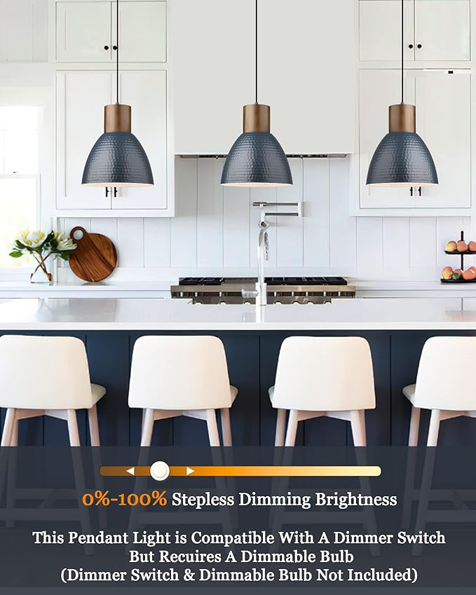 ELYONA Hammered Pendant Lights for Kitchen Island, 7” Solid Wood Hanging Light Fixtures, Adjustable Height Industrial Metal Pendant Light Fixtures for Bar Dining Room Bedroom Office, Modern Blue,Small