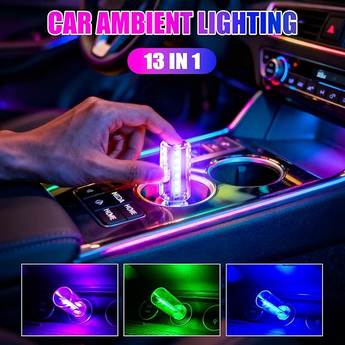 2PCS 13 in 1 USB Car Light, Plug in USB Interior Car Lights, Touch Control Mini Glass Bottle Night Lamp with 13 Modes & 7 Colors, Mini LED Bulb Night Light Ambient Lighting for Auto Bedroom Decoration