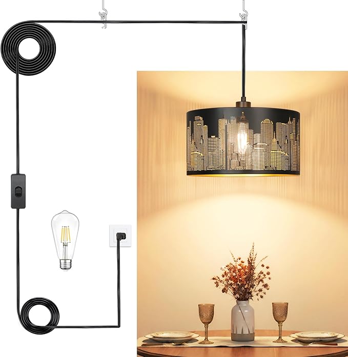 Plug in Pendant Light,Hollowed-Out City Hanging Lamp with 14Ft Plug in Cord, Rustic Farmhouse Pendant Lights for Kitchen Dining Room Bedroom Entryway, with 3-Way Dimmable Bulb (City)
