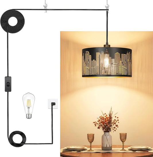 Plug in Pendant Light,Hollowed-Out City Hanging Lamp with 14Ft Plug in Cord, Rustic Farmhouse Pendant Lights for Kitchen Dining Room Bedroom Entryway, with 3-Way Dimmable Bulb (City)