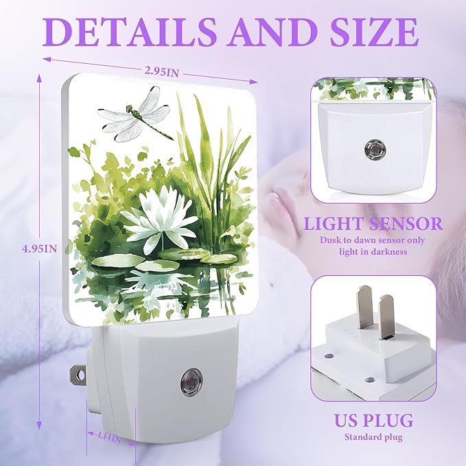 Dragonfly Night Light,White Floral Plug-in Night Lights with Dusk-to-Dawn Sensor for Bedroom,Bathroom and Living Room Sleep Friendly lamp 0.5w