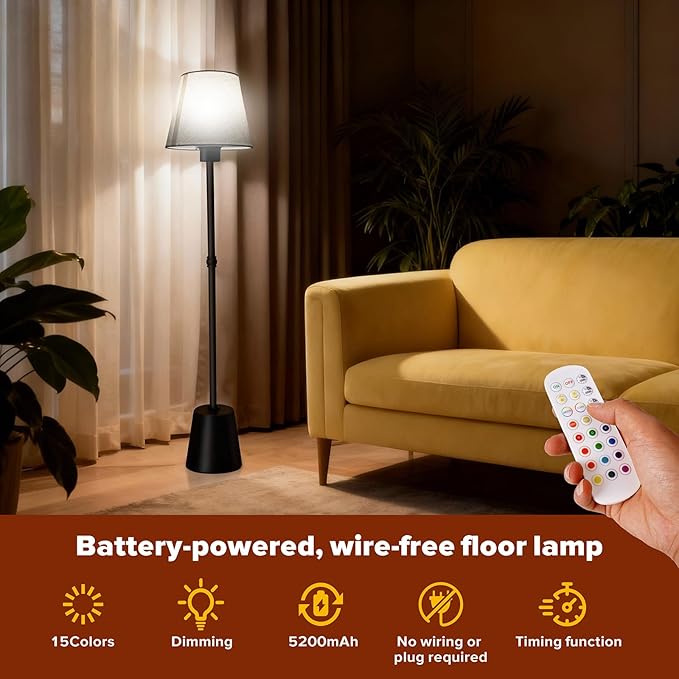Battery Operated Floor Lamp, Cordless Floor lamp with 5200mAh Battery,RGB Floor Lamps, Timer Function Suitable for Living Room Sofa Area Bedroom RV and Balcony