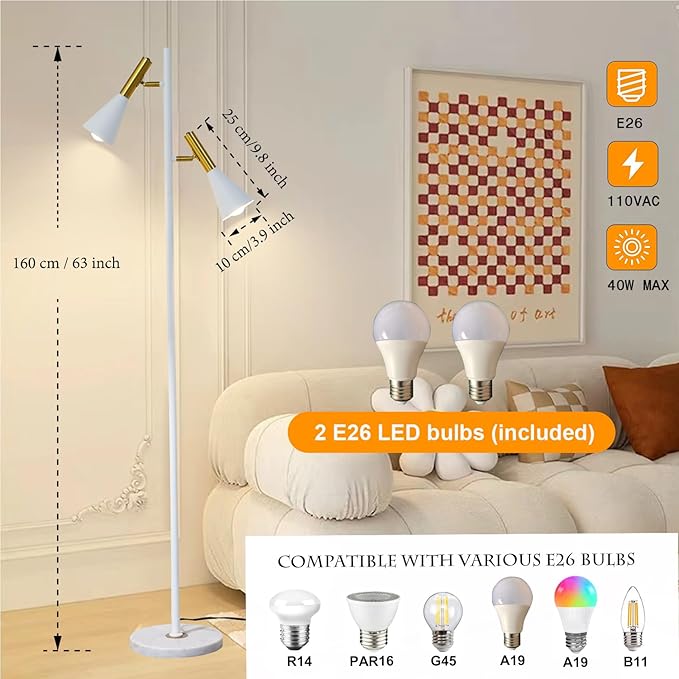 Elegant Modern Floor Lamp with 2 Adjustable Head,White and Gold Stand up Lamps with Marble Base,Tall Pole Uplight,Tree Floor Lamps for Living Room,Office