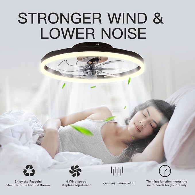 STERREN 20'' Modern Low Profile Ceiling Fan with Light, Bedroom LED Ceiling Fan with Remote Control, Bladeless Flush Mount Black Fan Lights Ceiling Fixtures for Living Room,Small Room