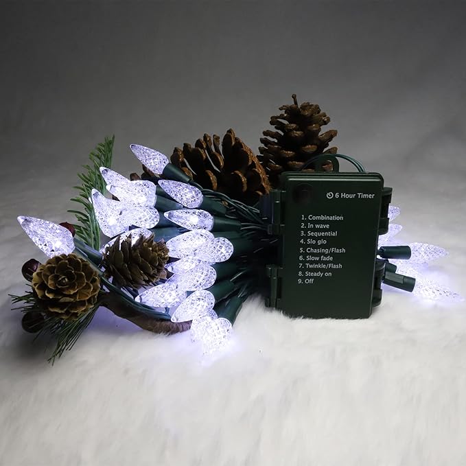 100LED C6 Lights,Green Wire,Waterproof Battery Case,Multi Functions,Timer,Cool White（2 Sets - Each 50 Count LED）
