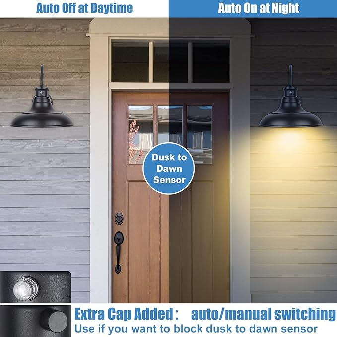Dusk to Dawn LED Outdoor Barn Lights - Farmhouse Gooseneck Exterior Light Fixture Wall Mount, 12.25" Large Black Porch Lights, Outside Wall Lights for House Garage Patio Doorway (13W 2700K), 1 Pack