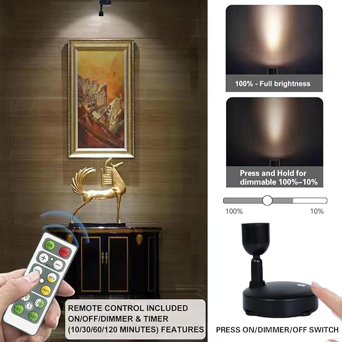 LED Spotlight, Battery Powered Picture Lights, Uplighting Indoor, Puck Lights with Remote, Small Spot Light for Wall Display Dartboard Painting Artwork Closet-Natural White