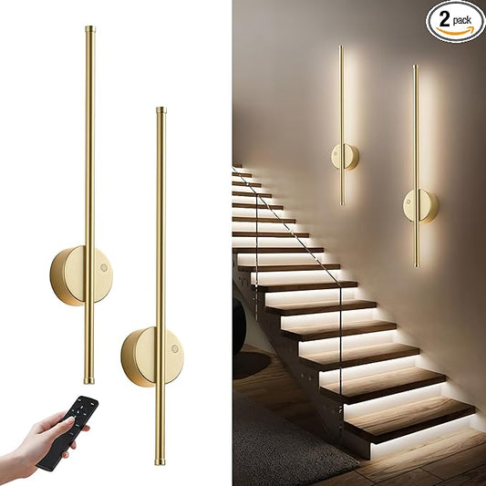 Motion Sensor Battery Operated Wall Sconce Set of Two - Modern Rechargeable Wireless Wall Lights with Remote Control, Dimmable, 3000K/4000K/6000K, Timer for Living Room, Hallway,23.6 Inch, Gold