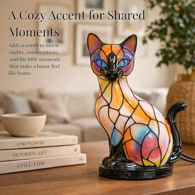 Cat Lamp, Stained Glass Cat Lamp, Decorative Resin LED Night Light for Cat Lovers, USB Vintage 3D Table Lamp Cozy Glow for Desk & Mantel – Fun Gift for Pet Owners (Siamese Cat A)