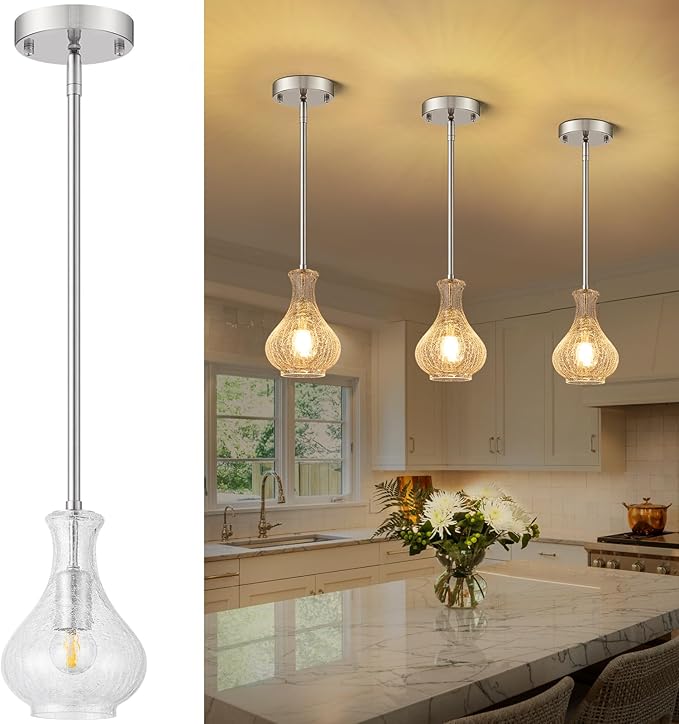 Brushed Nickel Pendant Lights Kitchen Island, 5.9" Modern Crackle Glass Pendant Light Fixtures Single Hanging Lighting with Adjustable Rods for Kitchen Island, Sink, Bathroom, E26 Base