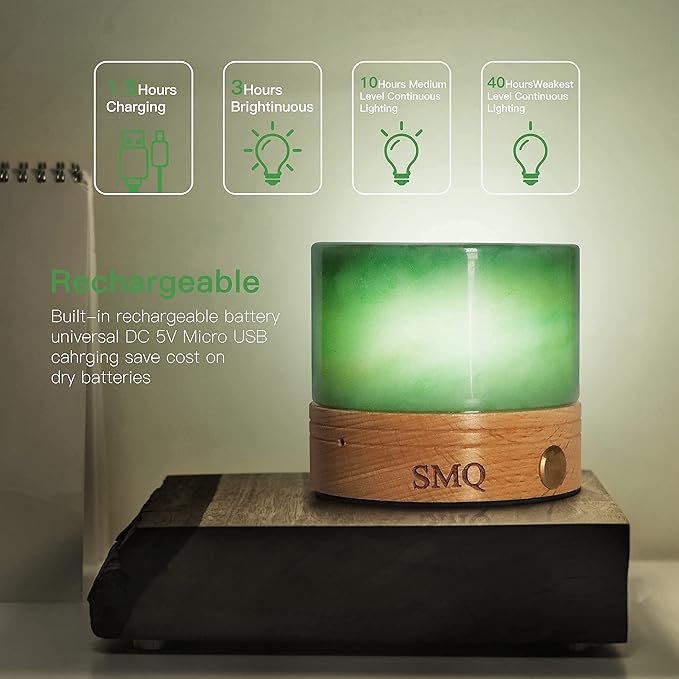 SMQ Green Aventurine Crystal Night Light with USB Charging Port,Handmade Polished Healing Crystal Stones Lamp Cylindrical Touch Night Light with Wooden Base for Living Room,Shelf,Office Decor