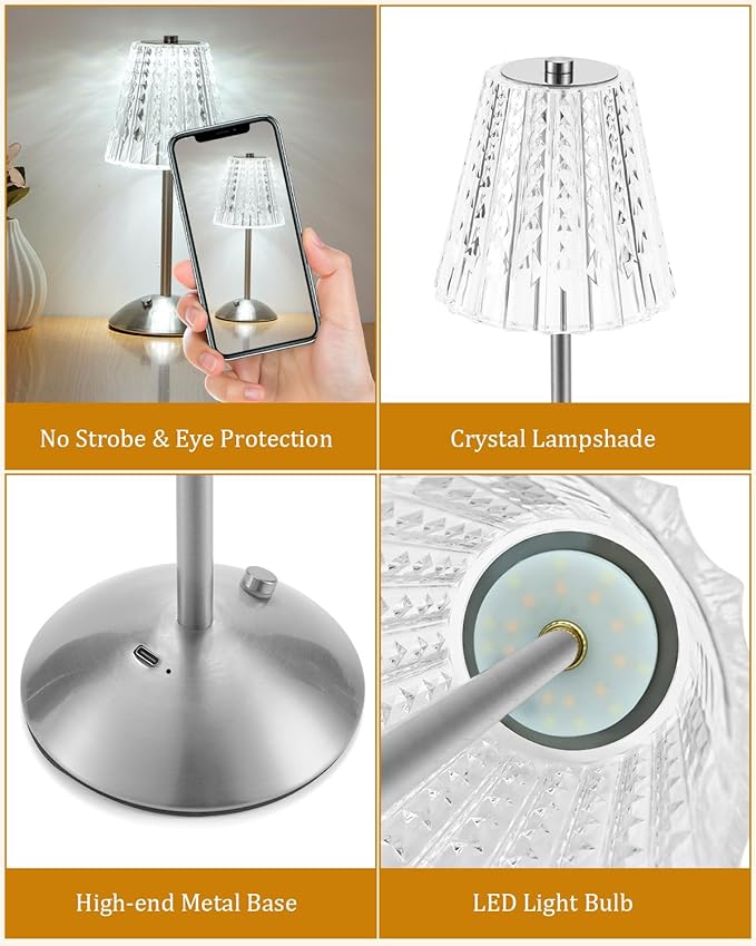 Cordless Touch Table Lamp, LED Rechargeable Small Dask Lamp, 3 Colors Dimmable Battery Operated Crysta Lamp for Bedroom Restaurant Kitchen Home Decor, Gold, 2pcs (2, Silvery)