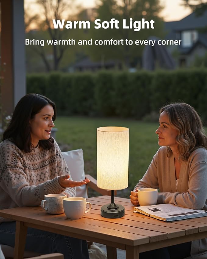 Battery Operated Lamp, Dimmable, Ambient Light, 2700K, Timer, Touch Control, Portable, LED, Wireless, Rechargeable, Cordless, Desk Lamp, Kitchen Lamp, Fabric Shade, for Bedroom, Living Room, Dorm