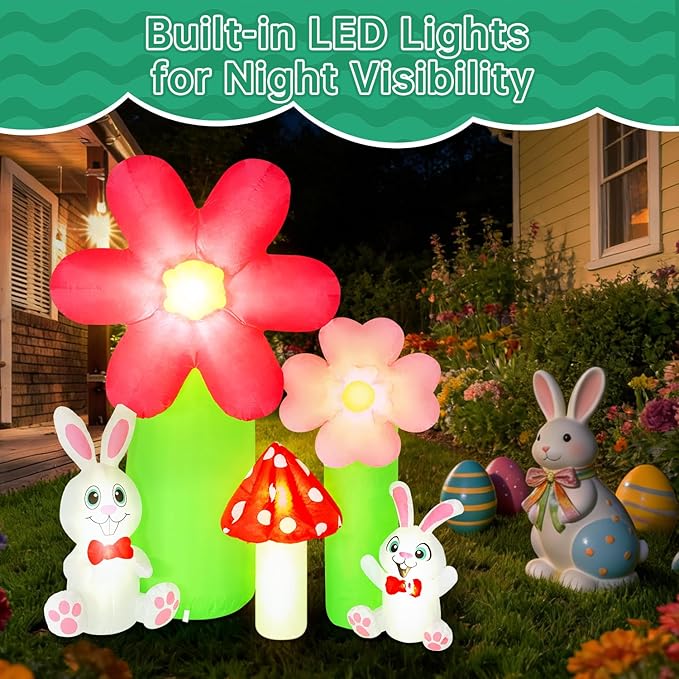 6FT Easter Inflatable Outdoor Decorations, Lighted Bunny Blow Up Yard Decoration with Built-in LED Lights, Spring Flower Mushroom Inflatable Outdoor for Lawn Garden Easter Decor (Spring Inflatable)