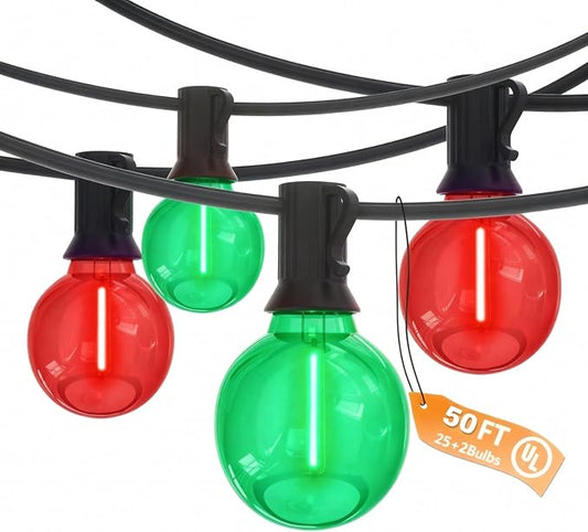 50Ft Clear Red and Green Outdoor LED Lights,G40 Globe Patio Christmas String Lights with 25 Ceramic Colorful Bulbs(2 Spare),Outside Christmas Hanging Lights for Christmas Tree Roofline Holiday Party