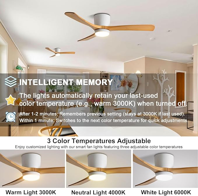 48in Quiet Ceiling Fans with Lights ETL Listed Remote Ceiling Fan Light 6 Gear Wind Speed Ceiling Fans White LED Ceiling Lights Fan Lighting Wooden Blades For Living Room Dining Room Bedroom