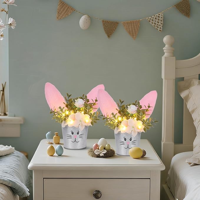 Prsildan 2 Pcs Easter Table Decorations Artificial Flower with Bunny Ear, Lighted Desk Decor Bunny Flowers, Easter Tabletop Decorations for Home Table Mantle Office Spring Party