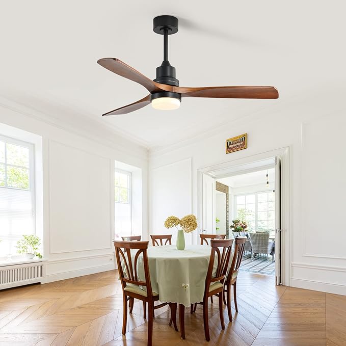 Outdoor Flush Mount Ceiling Fans with Lights Remote,52''Low Profile Ceiling Fans with 3 Solid-Wood Blade,Noiseless Dc Motor and 3 Color Dimming Light for Indoor Outdoor Living Room Farmhouse