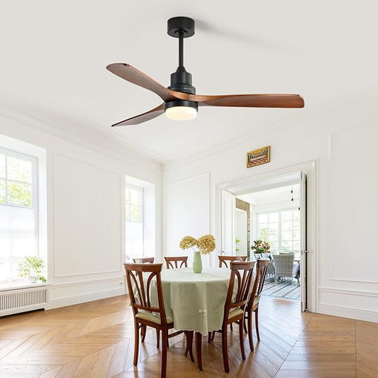Outdoor Flush Mount Ceiling Fans with Lights Remote,52''Low Profile Ceiling Fans with 3 Solid-Wood Blade,Noiseless Dc Motor and 3 Color Dimming Light for Indoor Outdoor Living Room Farmhouse