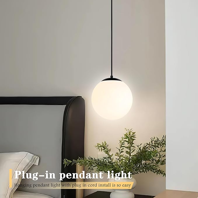 KoKo&Yukina 8" Globe Pendant Light Black Plug in Pendant Light Adjustable Hanging Lights with Plug in Cord Matte Black Finished with Milk Glass Lampshade for Bedroom Kitchen Island（Bulb Included）