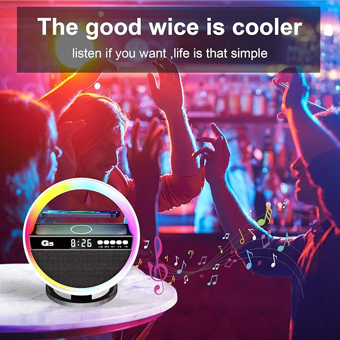 Mood Lamp with Up to 15W Wireless Charger, 6 in 1 Smart Alarm Clock, Bluetooth Speaker, LED Table Lamp with 12 RGB Colors, Bedside Nightstand Lamp, Modern Desk Lamp Gift - G5