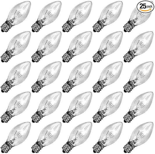 25 Pack Clear Replacement Bulbs, C7 Outdoor String Light Bulbs, C7/E12 Candelabra Base Night Light Bulbs, 5 Watt-Clear