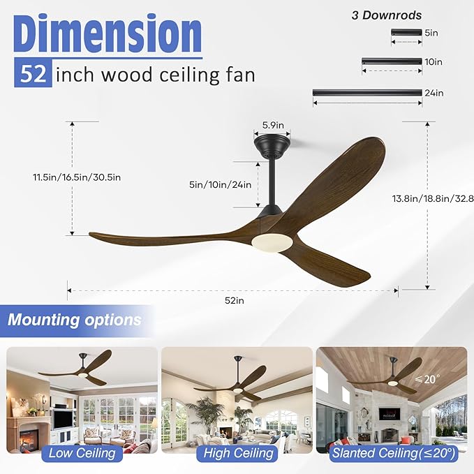 52 Inch Outdoor Ceiling Fans for Patios with Lights and Remote, Rustic Wood Farmhouse Ceiling Fan with Light, Wet Rated Exterior Porch Gazebo Garage Ceiling Fan,Quiet Reversible Dc Motor