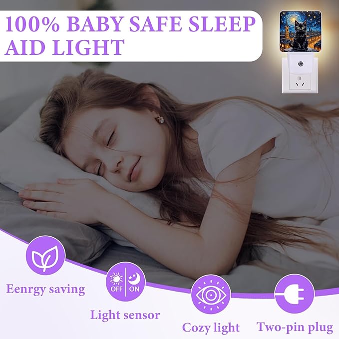Black Cat Night Light,Starry Night Plug-in NightLights with Dusk-to-Dawn Sensor for Bedroom,Bathroom and Living Room Sleep Friendly lamp 0.5w