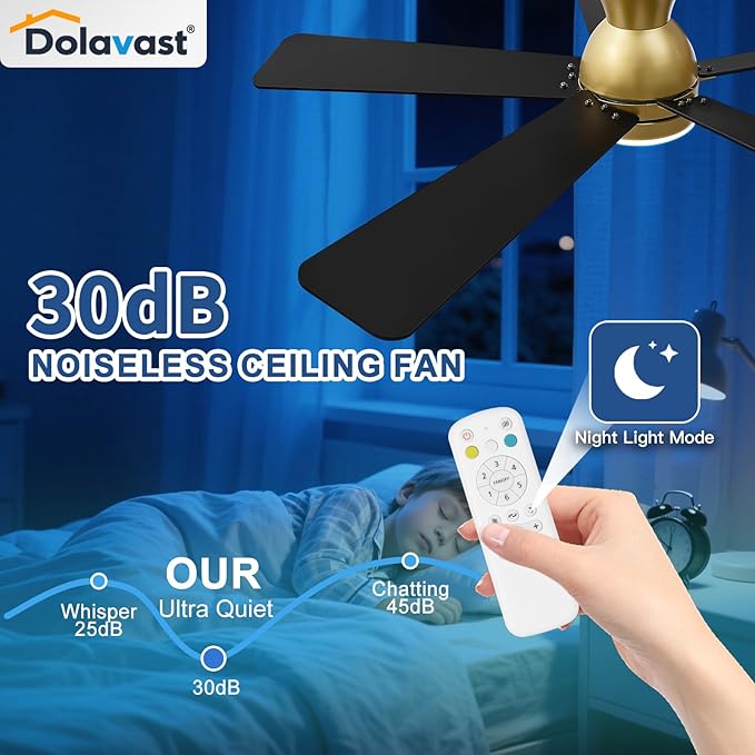 Ceiling Fans with Lights and Remote, 48 Inch Gold Ceiling Fan with Light, Low Profile Reversible Fandelier Ceiling Fan, Dimmable LED, Flush Mount, Quiet DC Motor, for Bedroom Kitchen