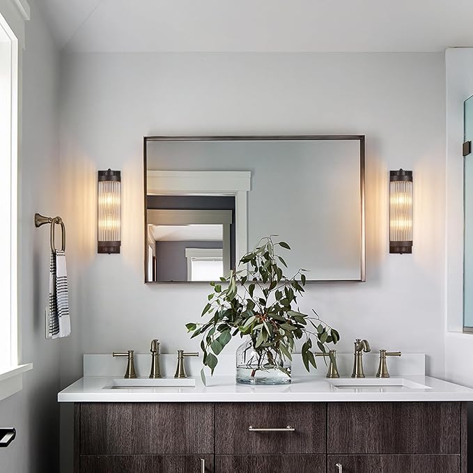 Black Wall Sconces with Crystal Glass Strip Bathroom Sconces Modern Wall Lights for Bedroom Living Room Hallway Wall Light Fixtures, 2 Light E12 Base