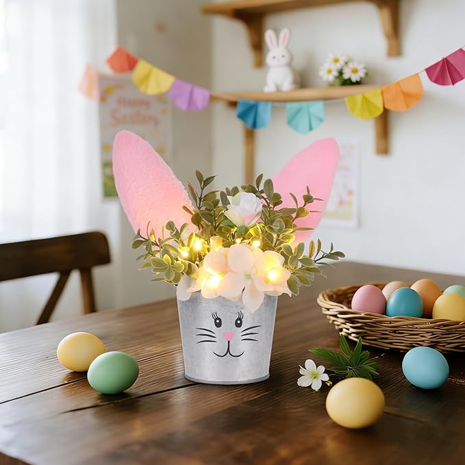 Prsildan 2 Pcs Easter Table Decorations Artificial Flower with Bunny Ear, Lighted Desk Decor Bunny Flowers, Easter Tabletop Decorations for Home Table Mantle Office Spring Party