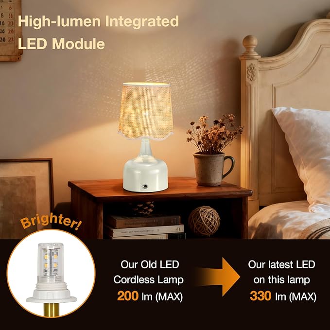Cordless Boho Table Lamp Beige, Scalloped Wicker Shade, 5200-mAh Rechargeable Battery, 3-Way Dimmable, Build-in Integrated LED 320 Lumen Max, for Bedside Living Room
