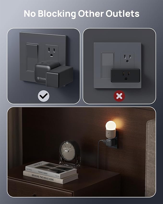 TROND Sideways Outlet Adapter, Multi Plug Wall Outlet with 360 Rotating Plug & 3 Electrical Sockets, A Small Black Charging Station Turn One into Multiple Sideways Extender for Dark Wall Decor