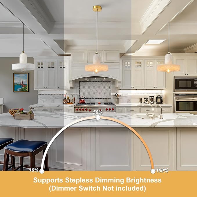 Alabaster Pendant Light for Kitchen Island, Modern Brass Hanging Light Fixture with Natural Alabaster Stone Shade, Adjustable Pendant Lighting Over Sink, Dining, Bar, Counter- 2 Pack