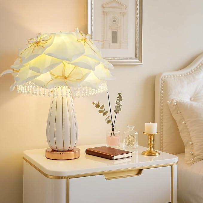 White Flower Girls Table Lamp Modern Princess Desk Lamp Cute Bow Bedside Lamp Nordic Nightstand Petal Light for Bedroom Valentines Dating Wedding Living Room Entry Office Study Room