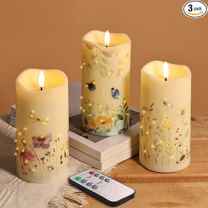 Eywamage Fiber Optic Flameless Pillar Candles with Remote Set of 3, Butterfly Floral Spring LED Candles Battery Operated Φ 3" H 6"