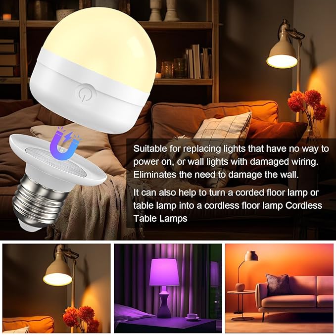 SCOPOW 2Packs E26 Rechargeable Light Bulbs with Remote, 6W 450lm Battery Operated Magnetic Light Bulbs 2500mAh, 15 RGB Color, Timer, Dimmer for Non-Hardwired Lamp